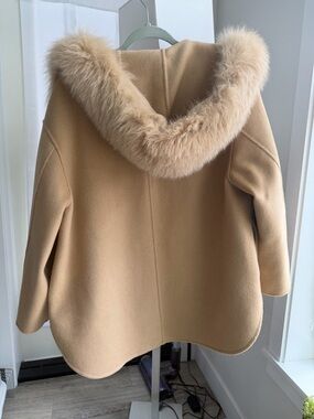 Camel Fur-Trim Hooded Coat